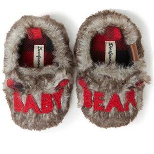 NEW Dearfoams Baby Bear Faux Fur Buffalo Plaid Winter Slippers 3-6 Months